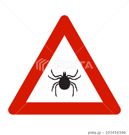 Warning, beware of ticks vector illustration. Tick insect in the prohibition stop sign. Camping signs isolated on white background 103456396