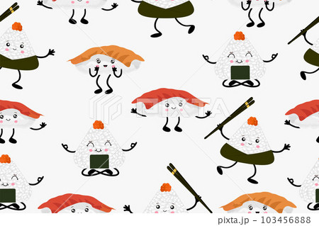 Seamless pattern of sushi and onigiri. Diverse Asian cuisine with kawaii emotions. Vector illustration in cartoon style. Vector illustration 103456888