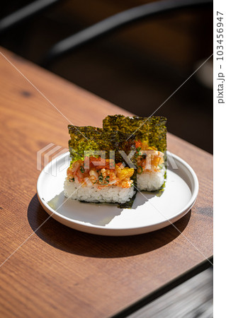 Japanese hand rolls with shrimp and caviar 103456947