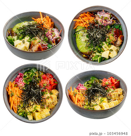 Assorted hawaiian poke bowl dishes collage Assorted hawaiian poke bowl dishes collage 103456948