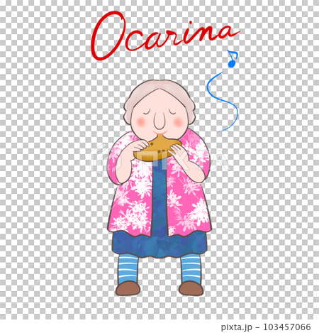 Illustration of a grandmother happily blowing an ocarina Illustration of a grandmother happily blowing an ocarina 103457066