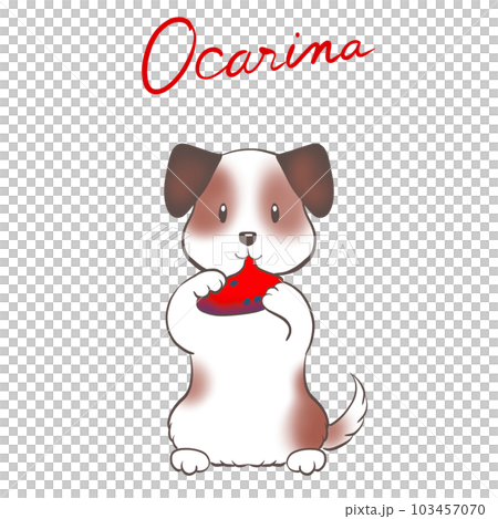 Illustration of a dog happily blowing an ocarina 103457070