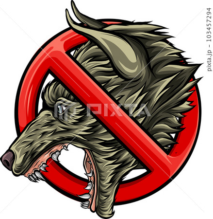 Wolf in prohibiting sign. Emblem, silhouette of a predator. Wolf in prohibiting sign. Emblem, silhouette of a predator. 103457294