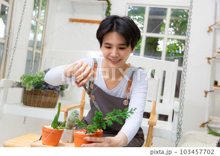 Smiling asian woman hold pot can watering green plant in office workplace. Happy female gardener or florist take care of domestic flowers. Smiling asian woman hold pot can watering green plant in office workplace. Happy female gardener or florist take care of domestic flowers. 103457702