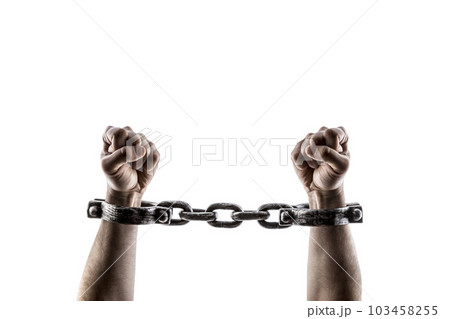 Shackled hands isolated on white background with clipping path 103458255
