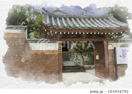 水彩画風　長崎　唐人屋敷跡　土神堂　長崎県長崎市 103458792