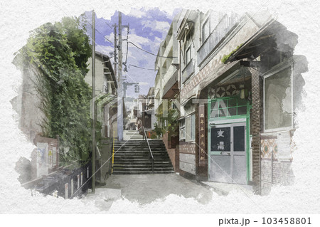 水彩画風　長崎　唐人屋敷跡　土神堂から天后堂への小路　長崎県長崎市 103458801