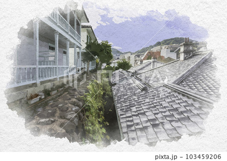 水彩画風　長崎　東山手洋風住宅群　長崎県長崎市 103459206