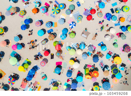 Aerial view of colorful umbrellas on sandy beach in summer 103459208