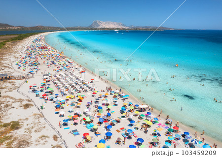 Aerial view of colorful umbrellas, white sandy beach and blue sea 103459209