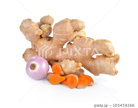 fresh ginger ,onion and tumeric on a white background. thai herb good for health. fresh ginger ,onion and tumeric on a white background. thai herb good for health. 103459266