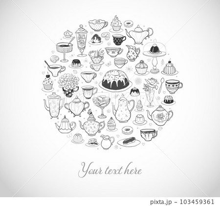 Card with tea party doodles on white background with place for your text. Vector sketch illustration. 103459361