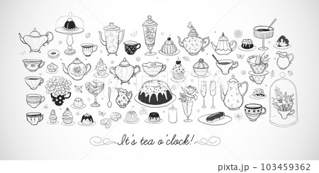 English tea party doodles with sweets and vintage tea set on white background. Vector sketch illustration. 103459362
