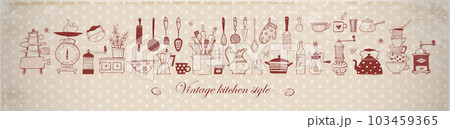 Composition with doodle kitchen utensils on vintage beige polka dot background. Vector sketch illustration 103459365