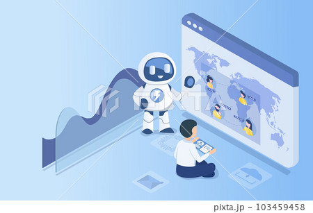 AI robot displayed on the screen offers a connection between business people around the world. Online network virtual presentation of AI technology in modern business. AI robot displayed on the screen offers a connection between business people around the world. Online network virtual presentation of AI technology in modern business. 103459458