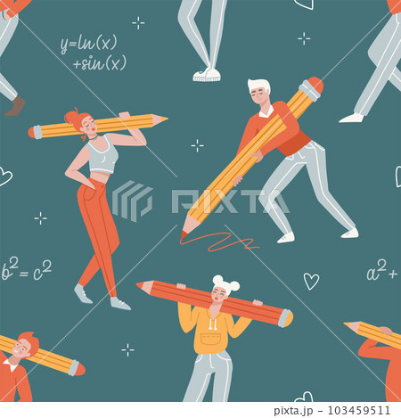 Seamless pattern with young people holding a large Pencils. Young person with huge pencil. Cute teenager characters. . Hand drawn flat Vector illustration. Drawing, writing, creating, design concept. 103459511