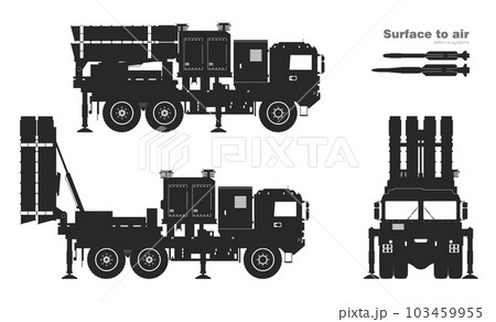 Black silhouette of air defense missile system. Surface to air rocket launcher drawing. Anti aircraft military vehicle. Front and side view of army truck. Industrial blueprint Black silhouette of air defense missile system. Surface to air rocket launcher drawing. Anti aircraft military vehicle. Front and side view of army truck. Industrial blueprint 103459955