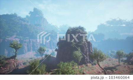 Red rock formation under cloudy skies at National Park 103460064