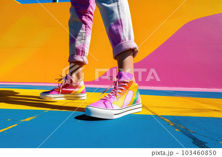 Stylish sneakers on colorful background. Fashion style. Generative AI Stylish sneakers on colorful background. Fashion style. Generative AI 103460850