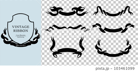 Line drawing set of black ribbons. Hand drawn vintage style vector illustration. Line drawing set of black ribbons. Hand drawn vintage style vector illustration. 103461099