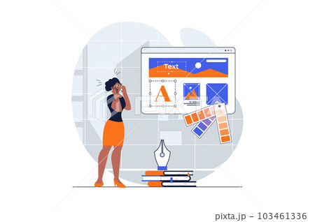 Web design concept with character scene. Woman creating page layouts with elements, research colours palettes. People situation in flat design. Illustration for social media marketing material. Web design concept with character scene. Woman creating page layouts with elements, research colours palettes. People situation in flat design. Illustration for social media marketing material. 103461336