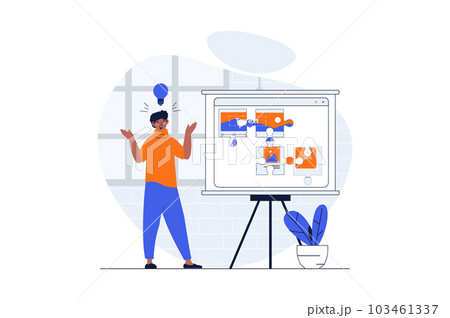 Web design concept with character scene. Man creating online page layouts and placing elements using platform. People situation in flat design. Illustration for social media marketing material. Web design concept with character scene. Man creating online page layouts and placing elements using platform. People situation in flat design. Illustration for social media marketing material. 103461337