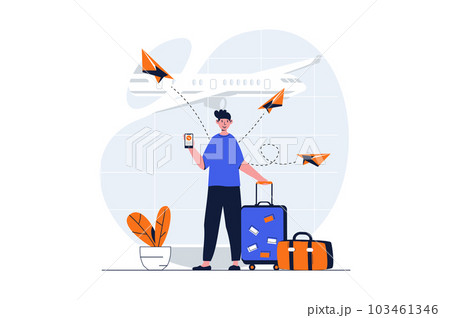 Travelling web concept with character scene. Man with suitcase waiting for flight on vacation in airport. People situation in flat design. Illustration for social media marketing material. 103461346