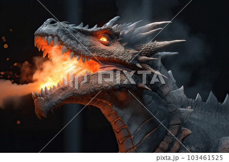 A close-up of the dragon's terrifying mouth spewing fire, generative AI. A close-up of the dragon's terrifying mouth spewing fire, generative AI. 103461525