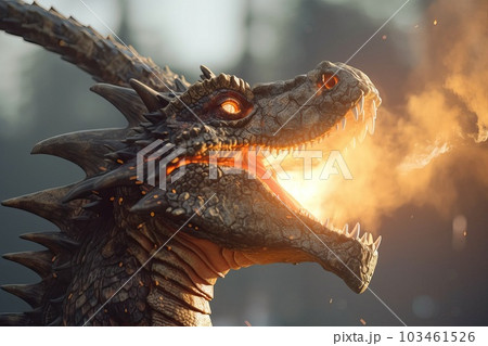 A close-up of the dragon's terrifying mouth spewing fire, generative AI. A close-up of the dragon's terrifying mouth spewing fire, generative AI. 103461526