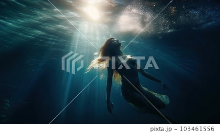 Beautiful Young Woman With Mermaid Tail Swims And Dives Under