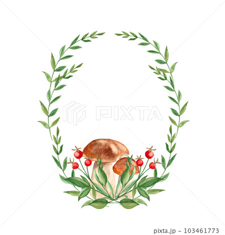 Watercolor forest wreath with green branches, red berries and mushrooms. Hand painted frame with wild plants. Floral illustration for greeting cards, invitations, save the date, logos. Watercolor forest wreath with green branches, red berries and mushrooms. Hand painted frame with wild plants. Floral illustration for greeting cards, invitations, save the date, logos. 103461773