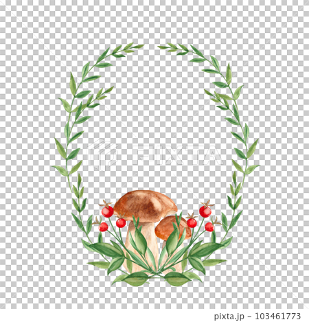 Watercolor forest wreath with green branches, red berries and mushrooms. Hand painted frame with wild plants. Floral illustration for greeting cards, invitations, save the date, logos. Watercolor forest wreath with green branches, red berries and mushrooms. Hand painted frame with wild plants. Floral illustration for greeting cards, invitations, save the date, logos. 103461773