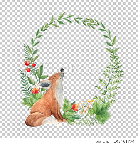 Woodland baby fox animal watercolor wreath with green branches and leaves, fern, cloudberry and red berries. Floral illustration for nursery, greeting cards, invitations, save the date, logos. 103461774