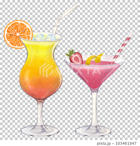 Cocktails pink orange Tequila Sunrise Cosmopolitan. Strawberry, lemon, ice, straw. Glass of juice or alcohol. Hand drawn watercolor illustration isolated on white background. For bar restaurant menu 103461847
