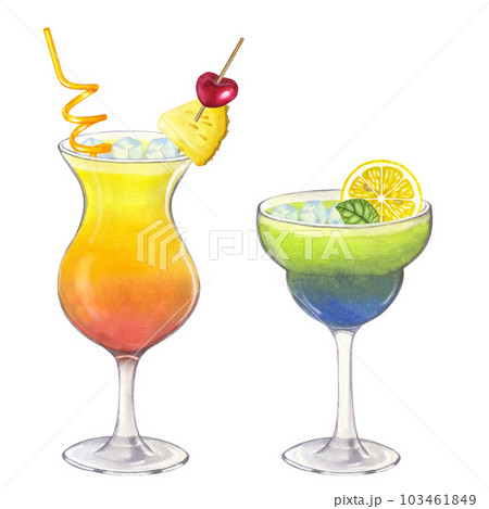 Cocktails orange green Tequila Sunrise Daiquiri. Lemon, mint, pineapple, cherry. Glass of juice or alcohol. Hand drawn watercolor illustration isolated on white background. For bar restaurant menu 103461849