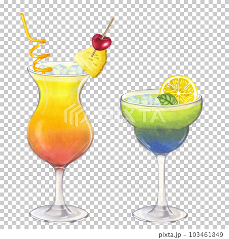 Cocktails orange green Tequila Sunrise Daiquiri. Lemon, mint, pineapple, cherry. Glass of juice or alcohol. Hand drawn watercolor illustration isolated on white background. For bar restaurant menu 103461849