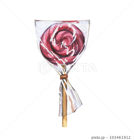 Red spiral sweet lollipop packaged isolated on white background. Watercolor hand draw candy illustration for design menu Red spiral sweet lollipop packaged isolated on white background. Watercolor hand draw candy illustration for design menu 103461912