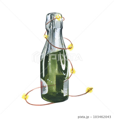 Champagne bottle with luminous garland isolated on white background. Watercolor hand drawn illustration. Art for design 103462043