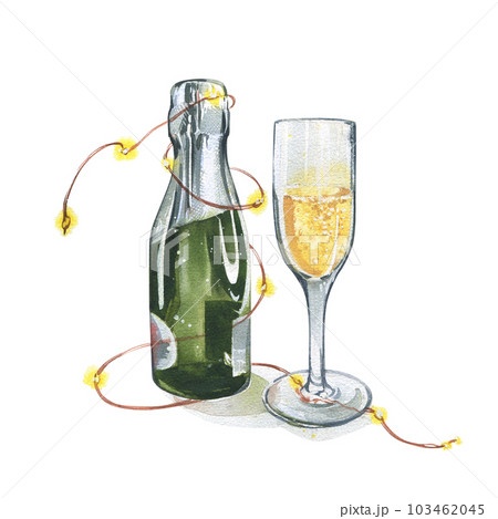 Champagne bottle and glass with garland isolated on white background. Watercolor hand drawn illustration. Art for design Champagne bottle and glass with garland isolated on white background. Watercolor hand drawn illustration. Art for design 103462045