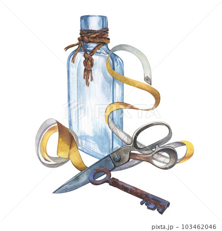 Bottle, scissors, key, measuring tape isolated on white background. Watercolor hand drawing illustration. Art for design 103462046