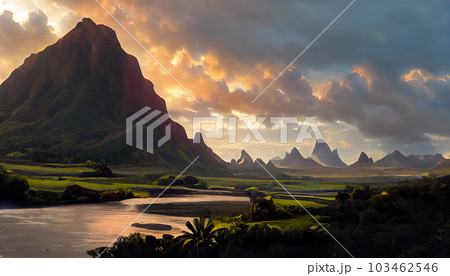 Tropical dawn. Majestic Hawaiian mountains and palms. Mountainous Landscapes under the Rosy Dawn Clouds on the Green Meadow. AI-generated 103462546