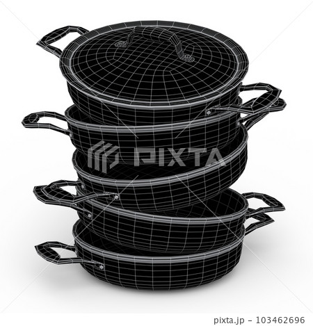 Set of stewpot, frying pan and chrome plated cookware on white background Set of stewpot, frying pan and chrome plated cookware on white background 103462696
