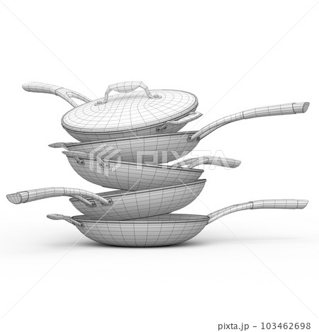 Set of stewpot, frying pan and chrome plated cookware on white background Set of stewpot, frying pan and chrome plated cookware on white background 103462698