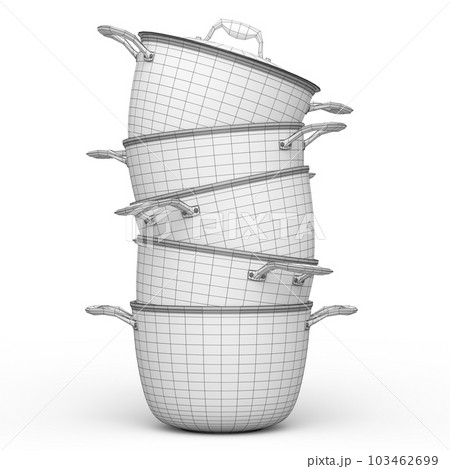Set of stewpot, frying pan and chrome plated cookware on white background Set of stewpot, frying pan and chrome plated cookware on white background 103462699