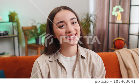 Happy calm woman smiling friendly, glad expression, feel satisfied concept good news, celebrate win 103463041