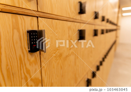 set of wooden lockers for personal items 103463045
