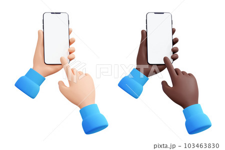 Hand holding mobile phone 3d render illustration set - human hand with telephone with empty screen. Smartphone mockup with blank display in cartoon human arm. Digital device template 103463830