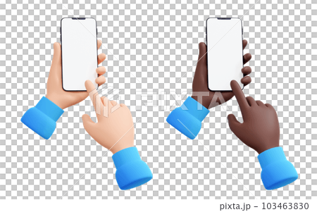 Hand holding mobile phone 3d render illustration set - human hand with telephone with empty screen. Smartphone mockup with blank display in cartoon human arm. Digital device template 103463830