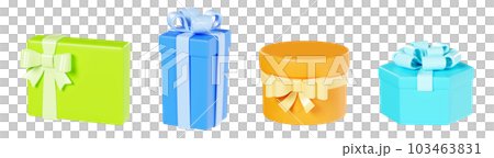 Gift box 3d render set - closed present packs of various shapes and colors decorated with ribbon and bow for birthday or Christmas design. Colorful package with surprise. 103463831