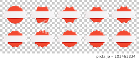Red starburst sticker with white ribbon 3d render set - collection of round sun burst or star shape badges for promo. Price or offer label with copy space. Empty emblem for sale or discount concept Red starburst sticker with white ribbon 3d render set - collection of round sun burst or star shape badges for promo. Price or offer label with copy space. Empty emblem for sale or discount concept 103463834